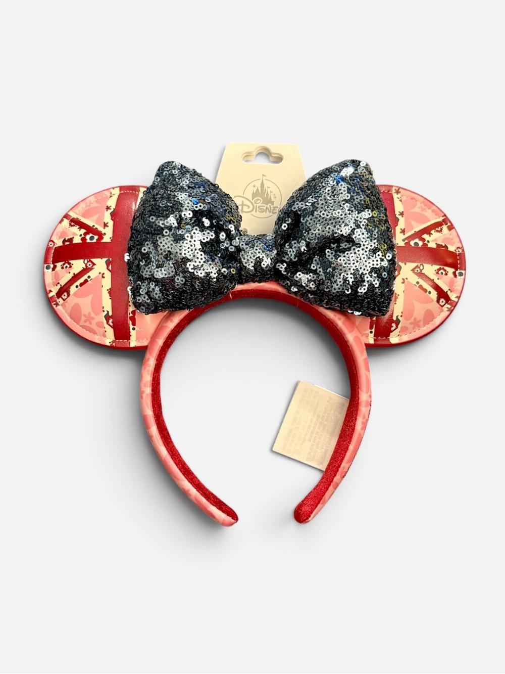 Disney EPCOT World Showcase UK Black Sequin Bow Red Minnie Ears Headband - NWT